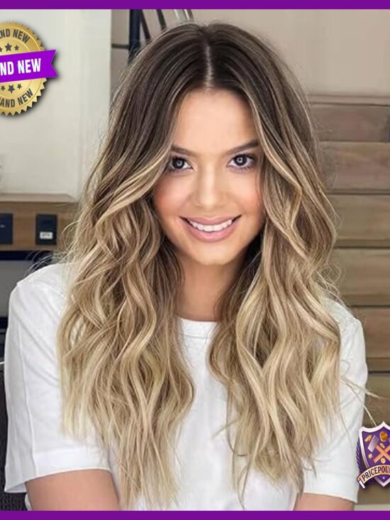 Long Wavy Human Hair Blend Wig, Heat Resistant, Dark Roots, Natural Look main image 7